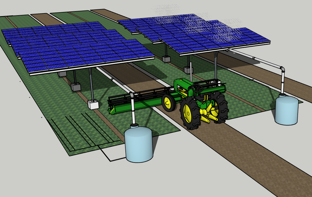 Sistema agrovoltaico mostrando paneles solares elevados sobre cultivos con tractor trabajando debajo
